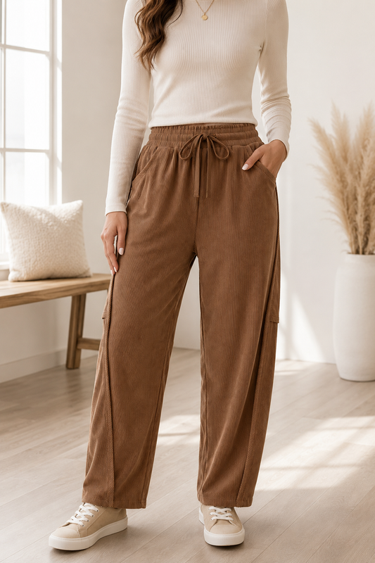 Coffee Elastic Cargo Pants