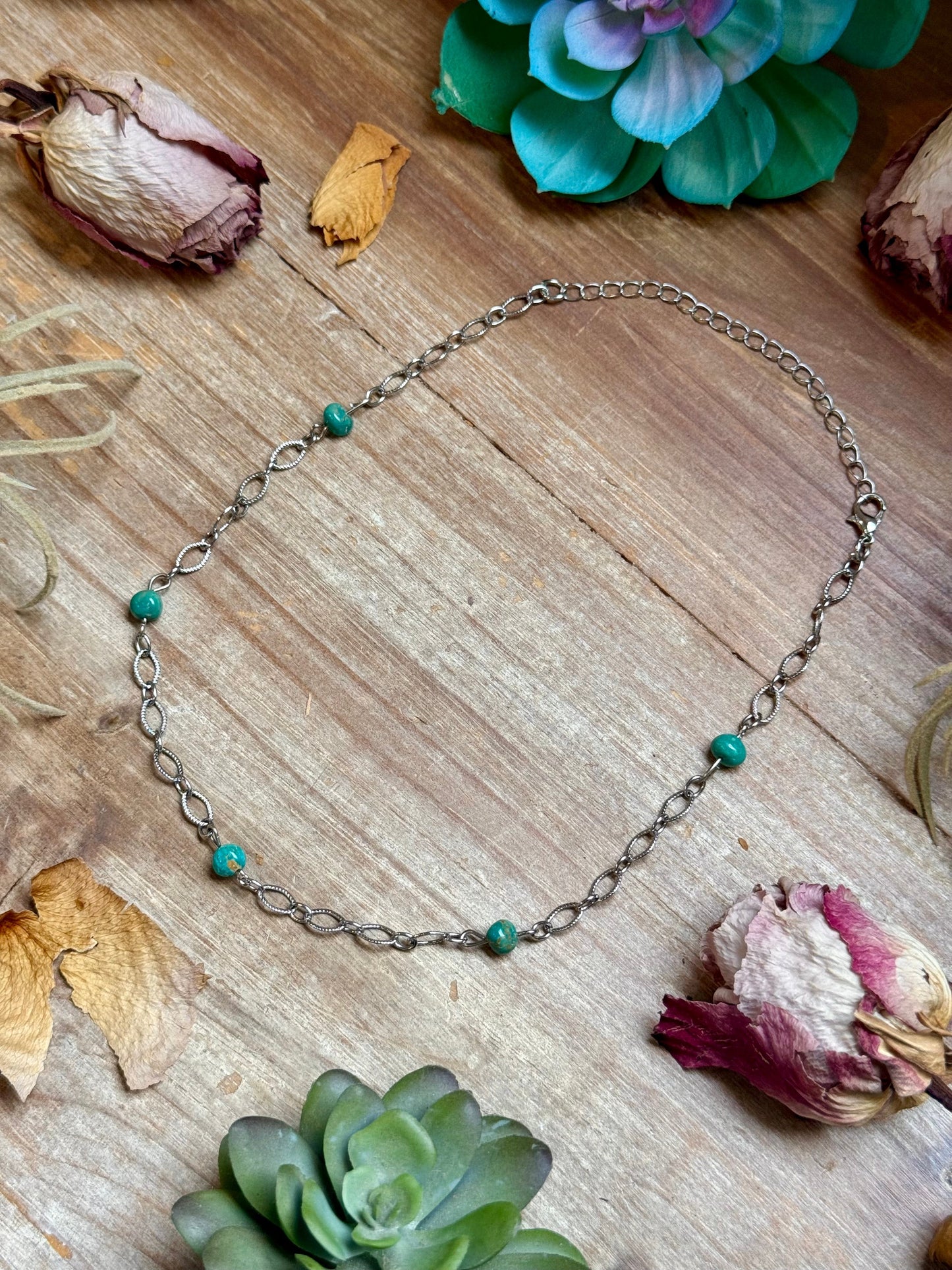 Turquoise Chain Necklace – 14" – Silver Plated