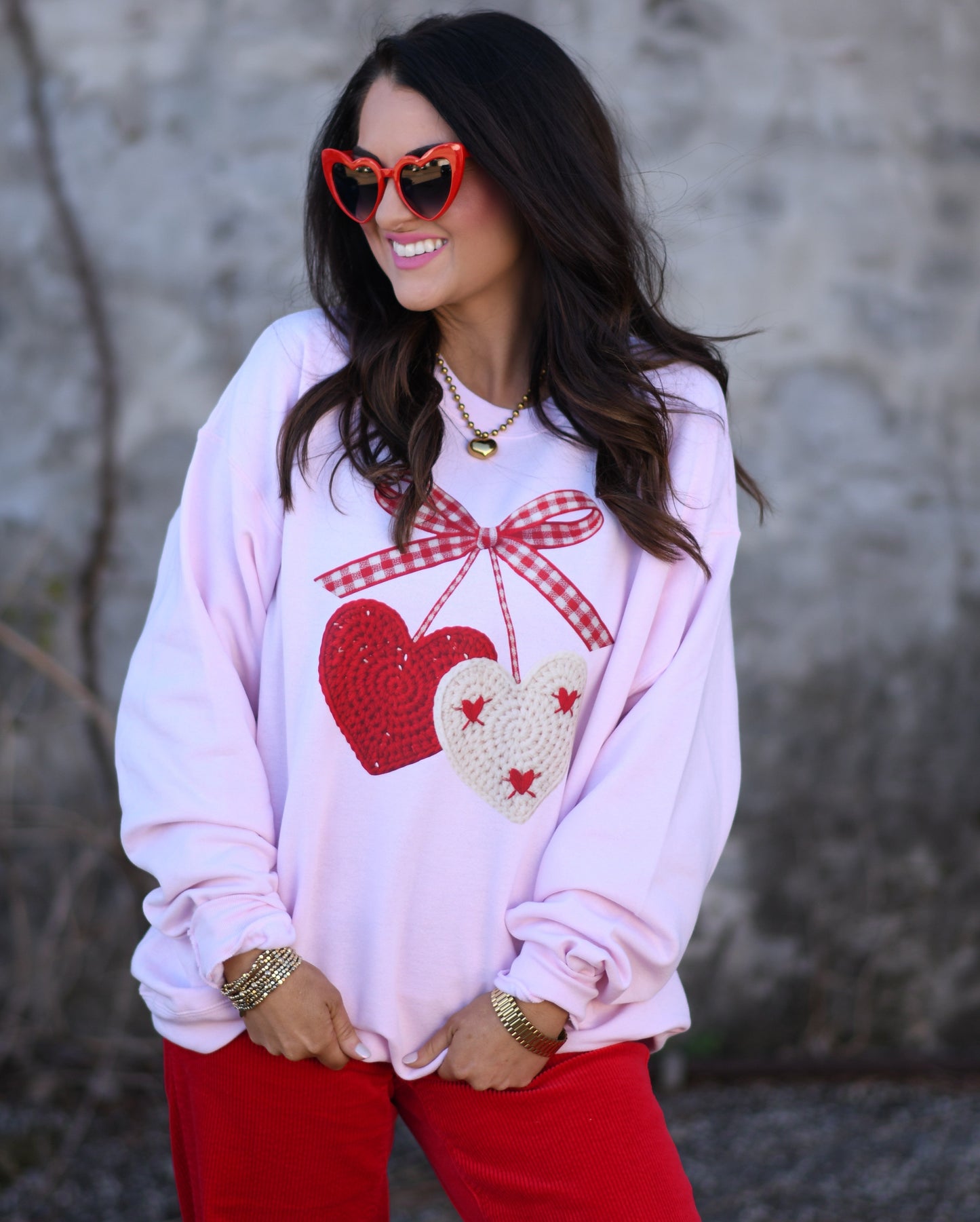 Faux Crochet Cherry Hearts Sweatshirt