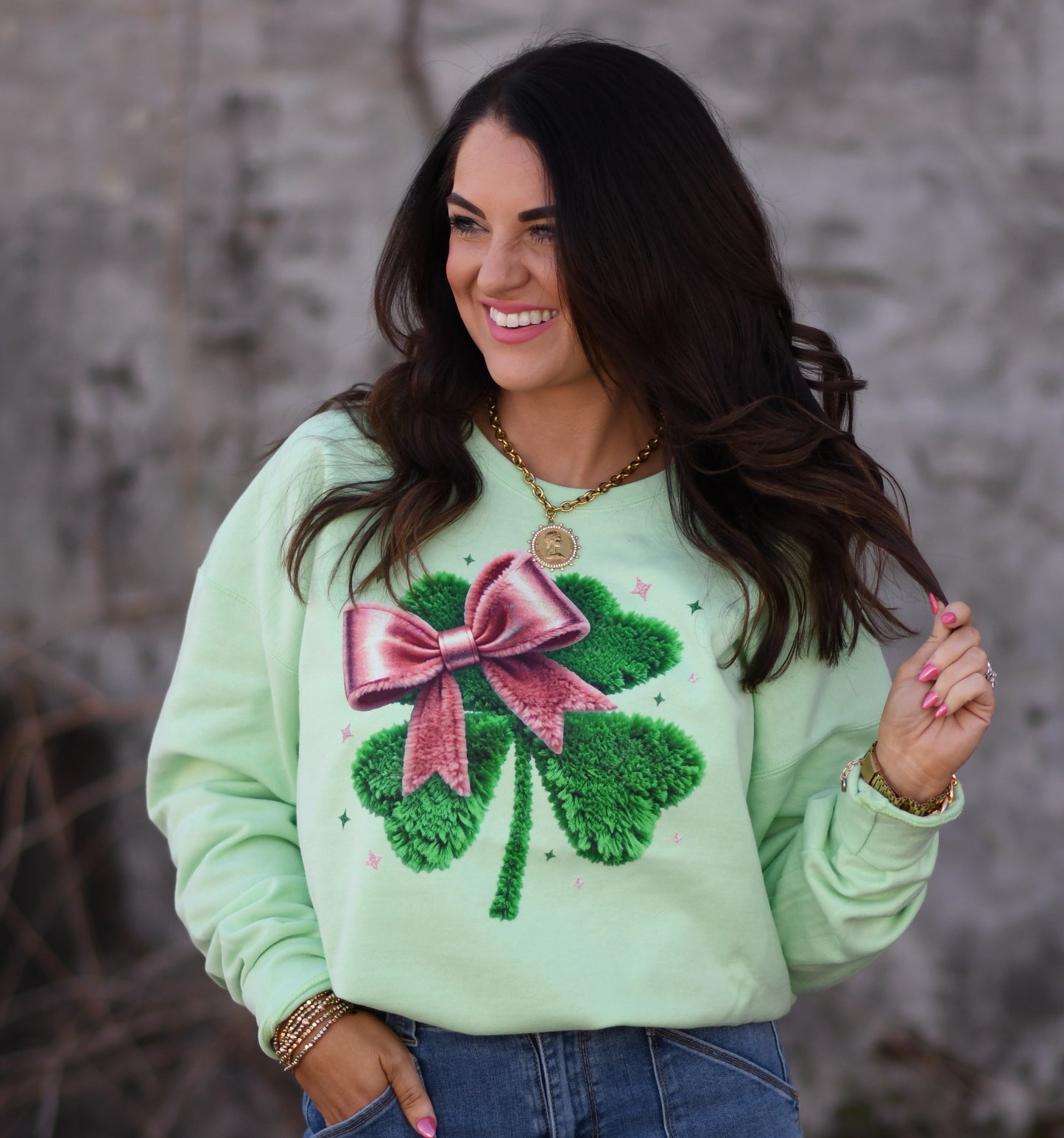 Faux Yarn Shamrock Bow Sweatshirt/Tee