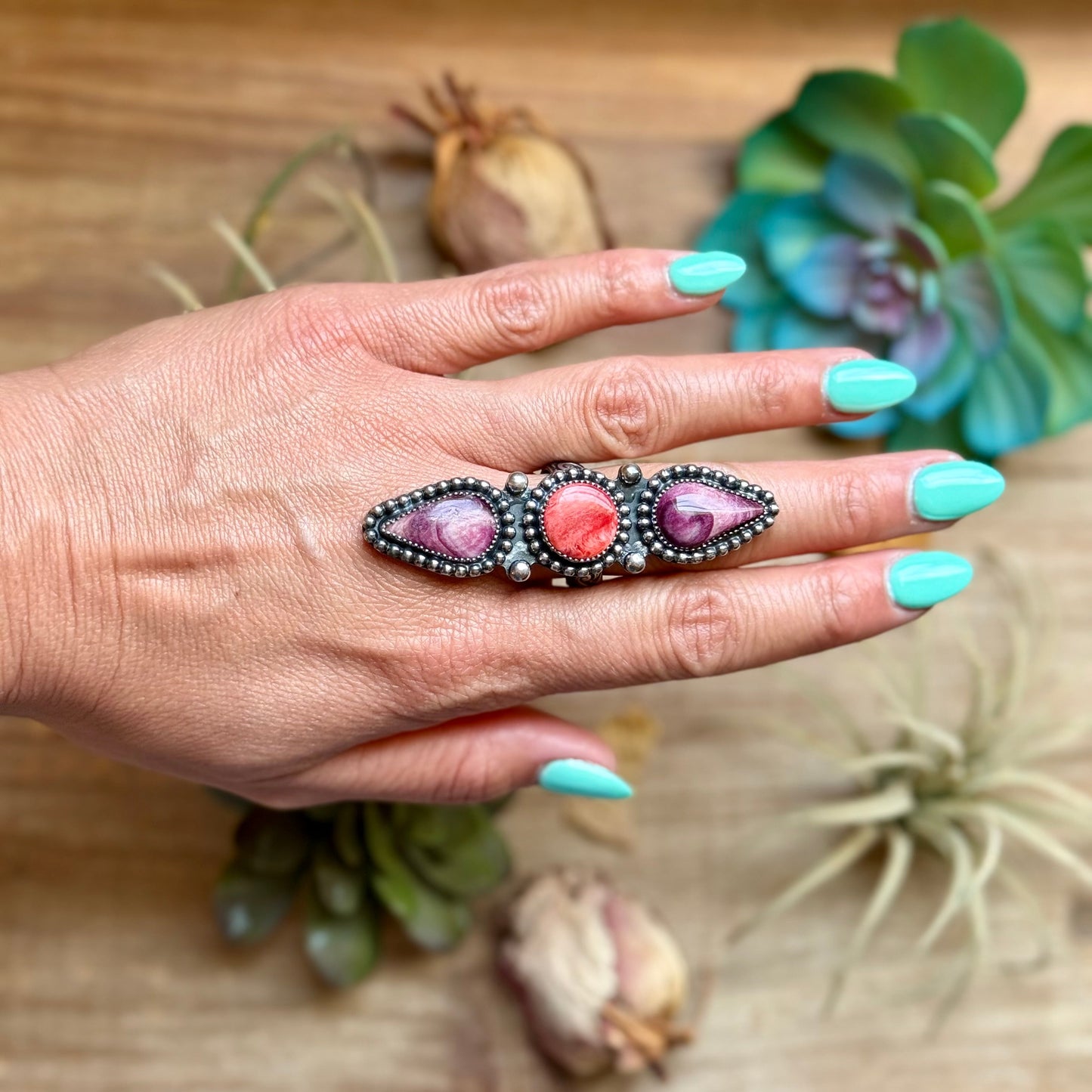 MJ Ring Three-Stone Purple & Red Spiny Oyster Sterling Silver