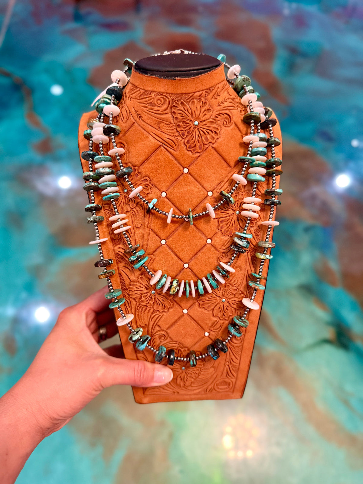 One Time Pieces – Turquoise, White Shell & Sterling Silver Patterned Necklaces