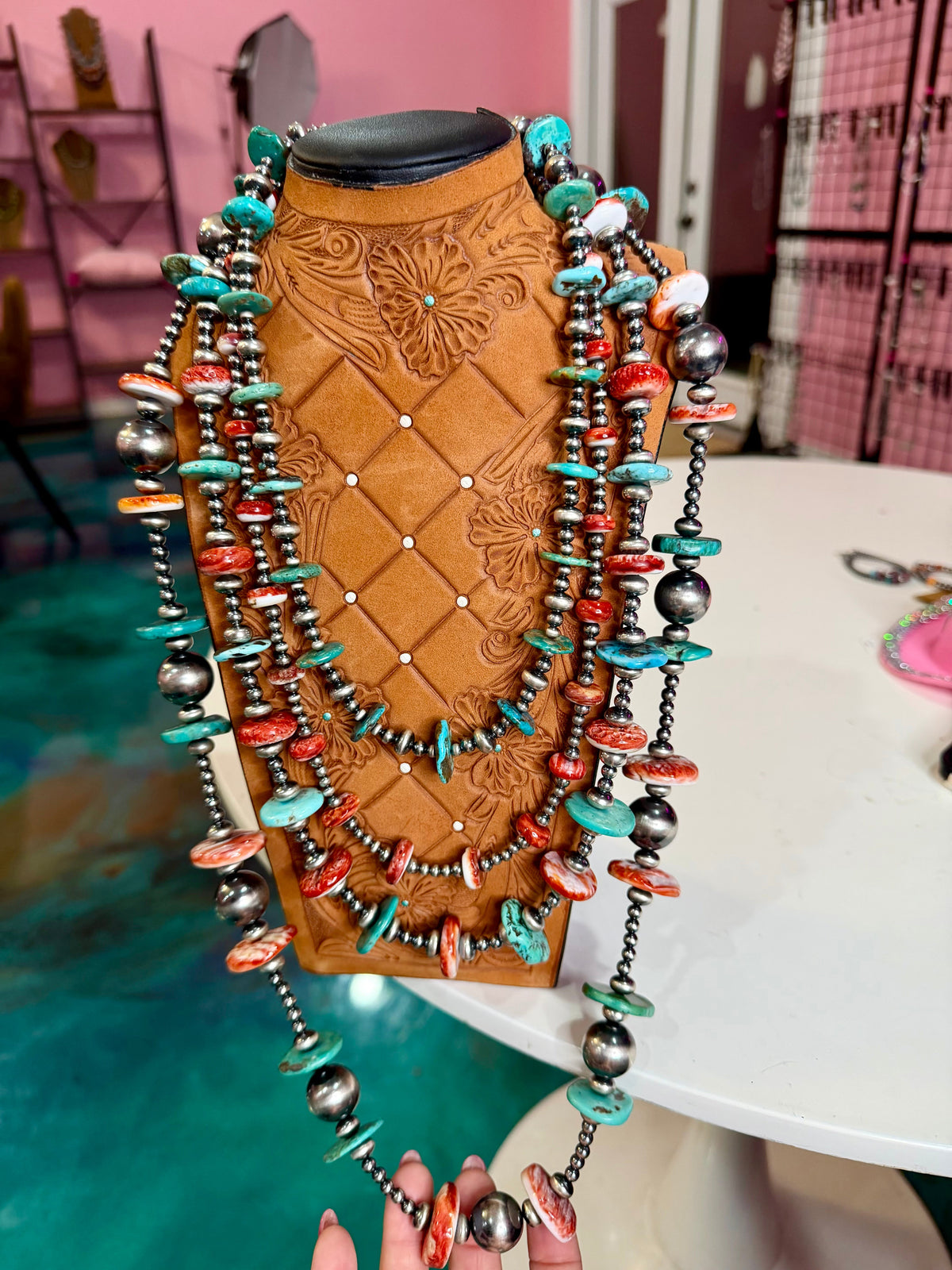 Jaci Stack – Turquoise, Red-Orange Spiny Oyster & Sterling Silver Necklaces