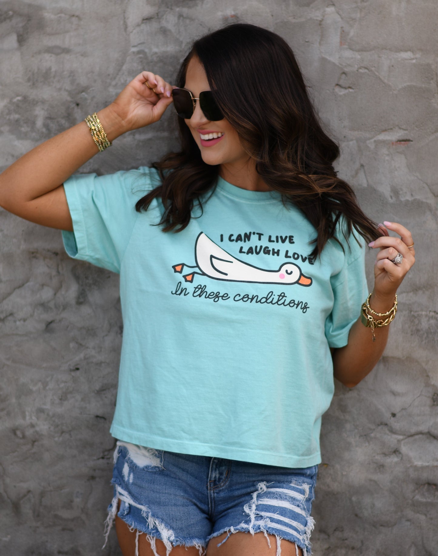 I CAN'T LIVE LAUGH WORK IN THESE CONDITIONS CROP/TEE