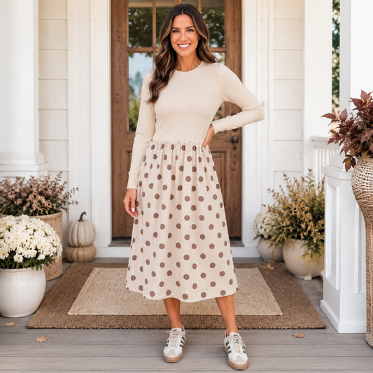 Beige Polka Dot Midi Dress