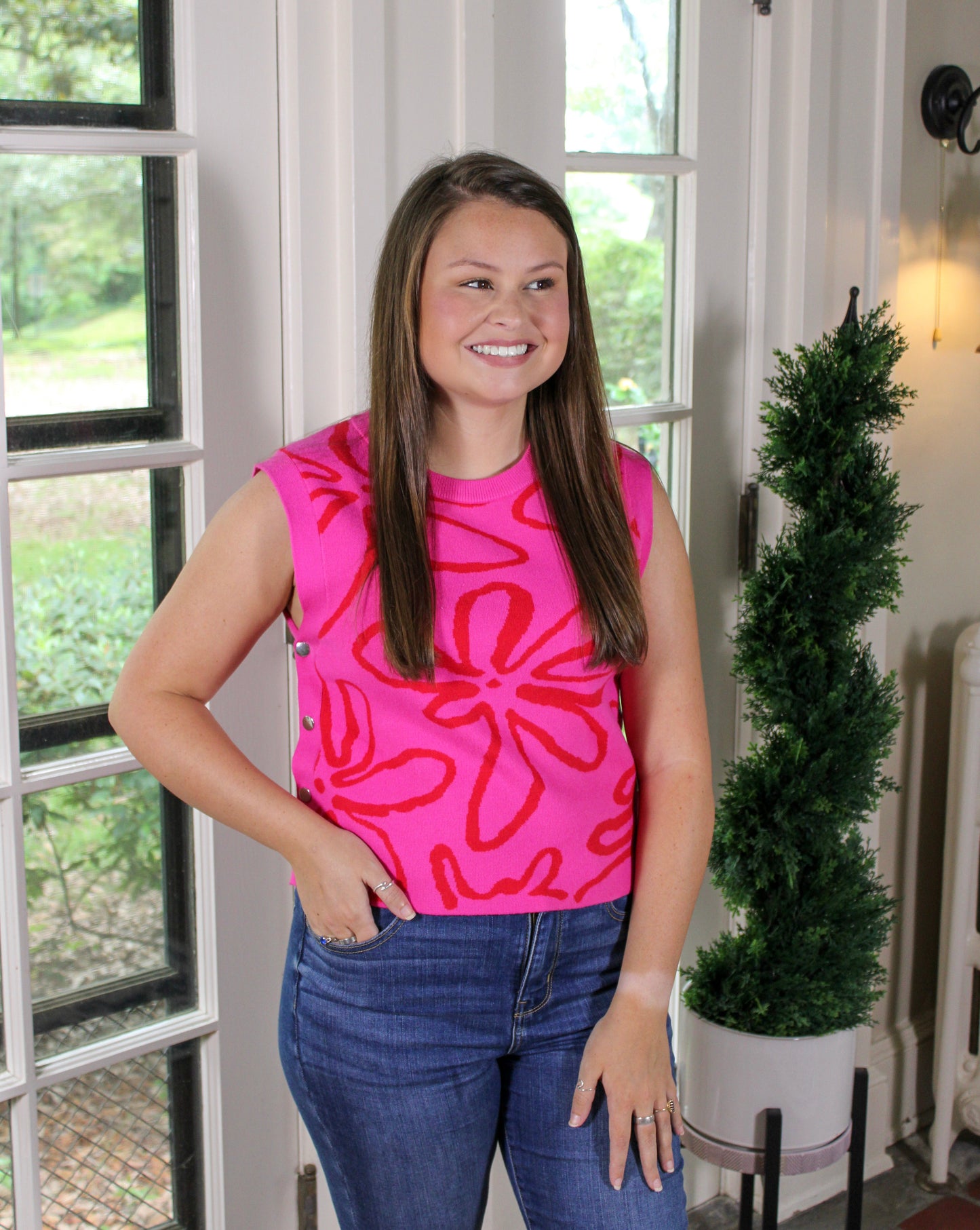 Pink Floral Button Sweater Vest RTS