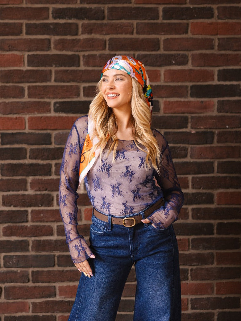 Lace Long-sleeve Top, Navy