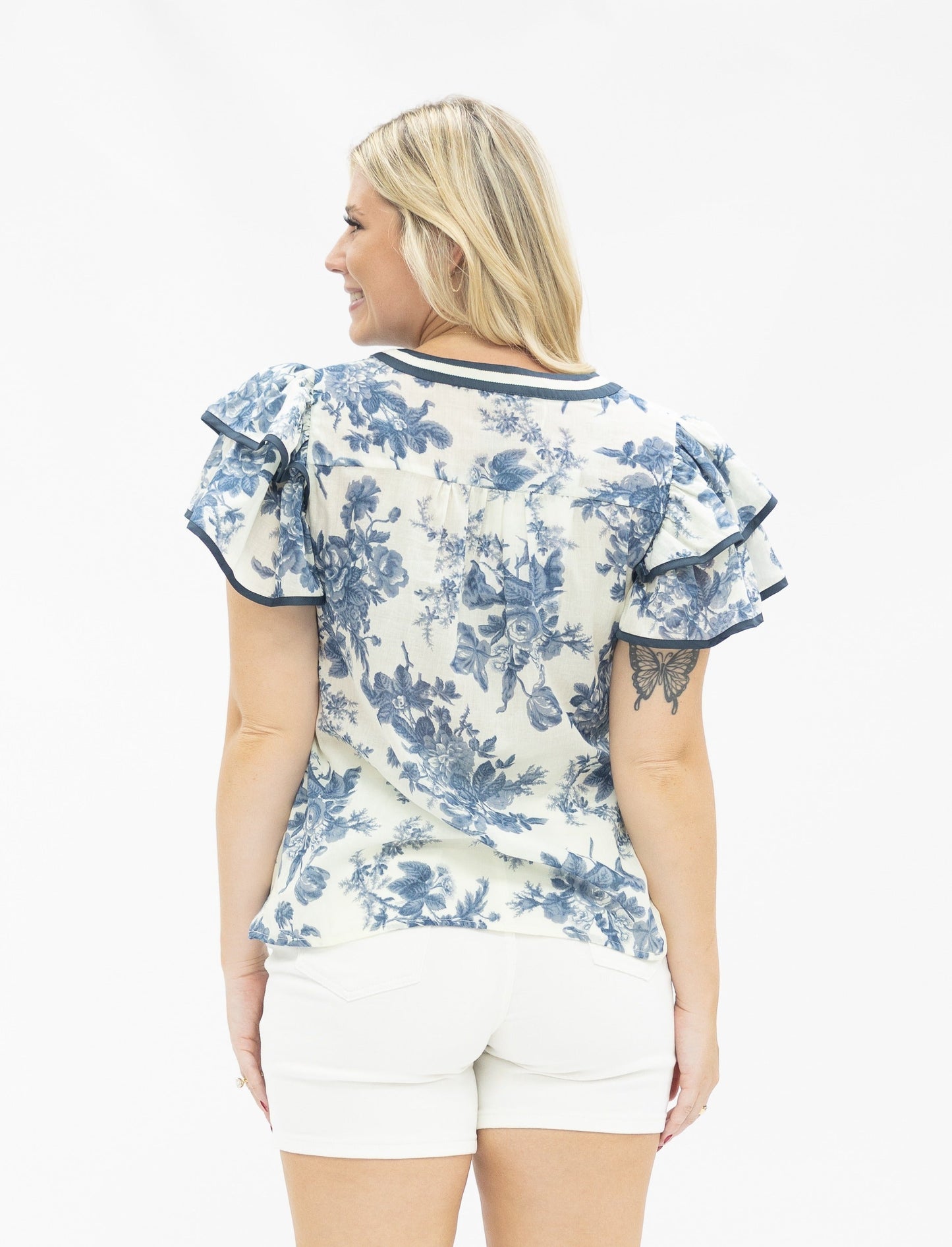 V-Neck Flutter Sleeve Top, Blue Floral