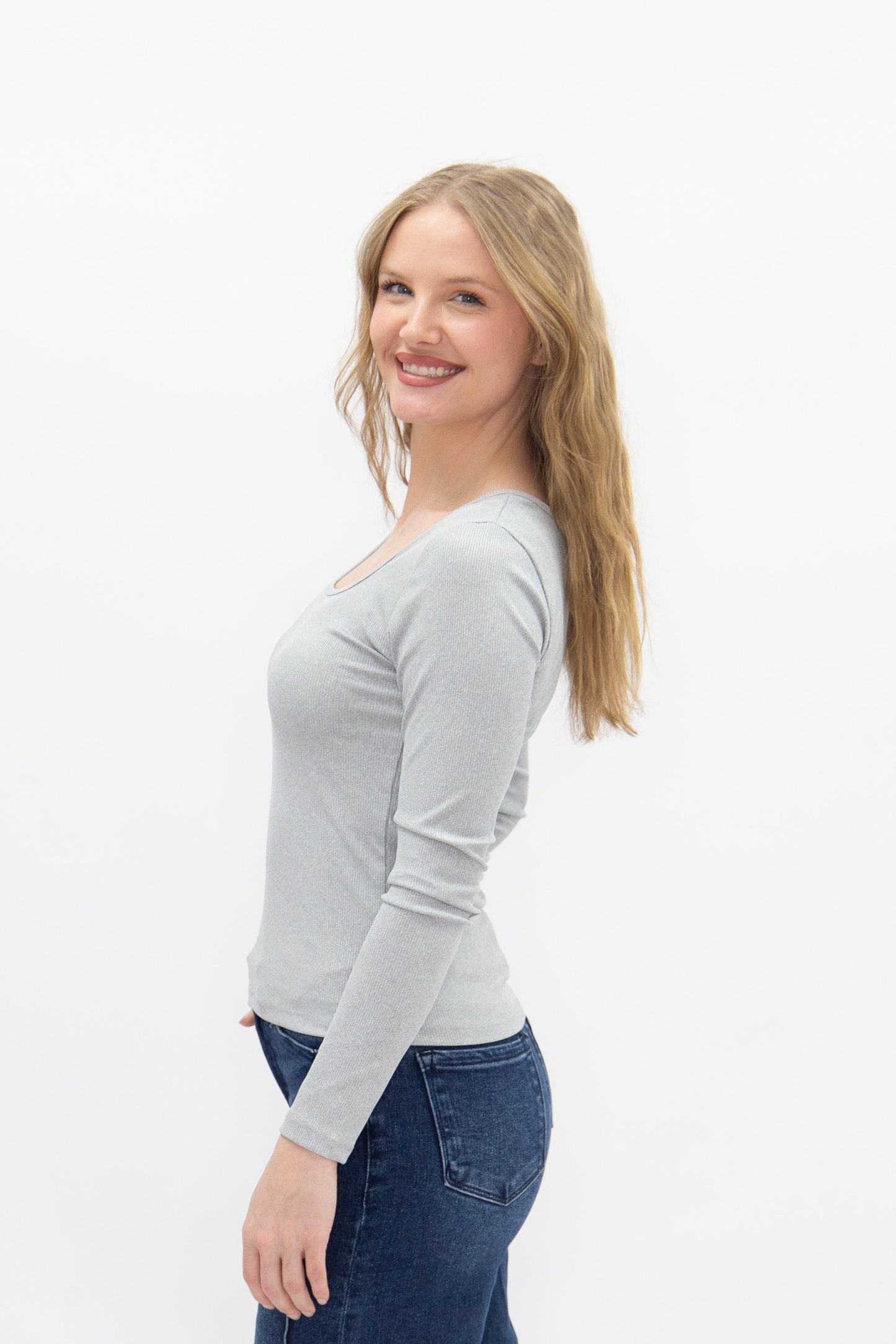Square Neck Long Sleeve Top, Grey