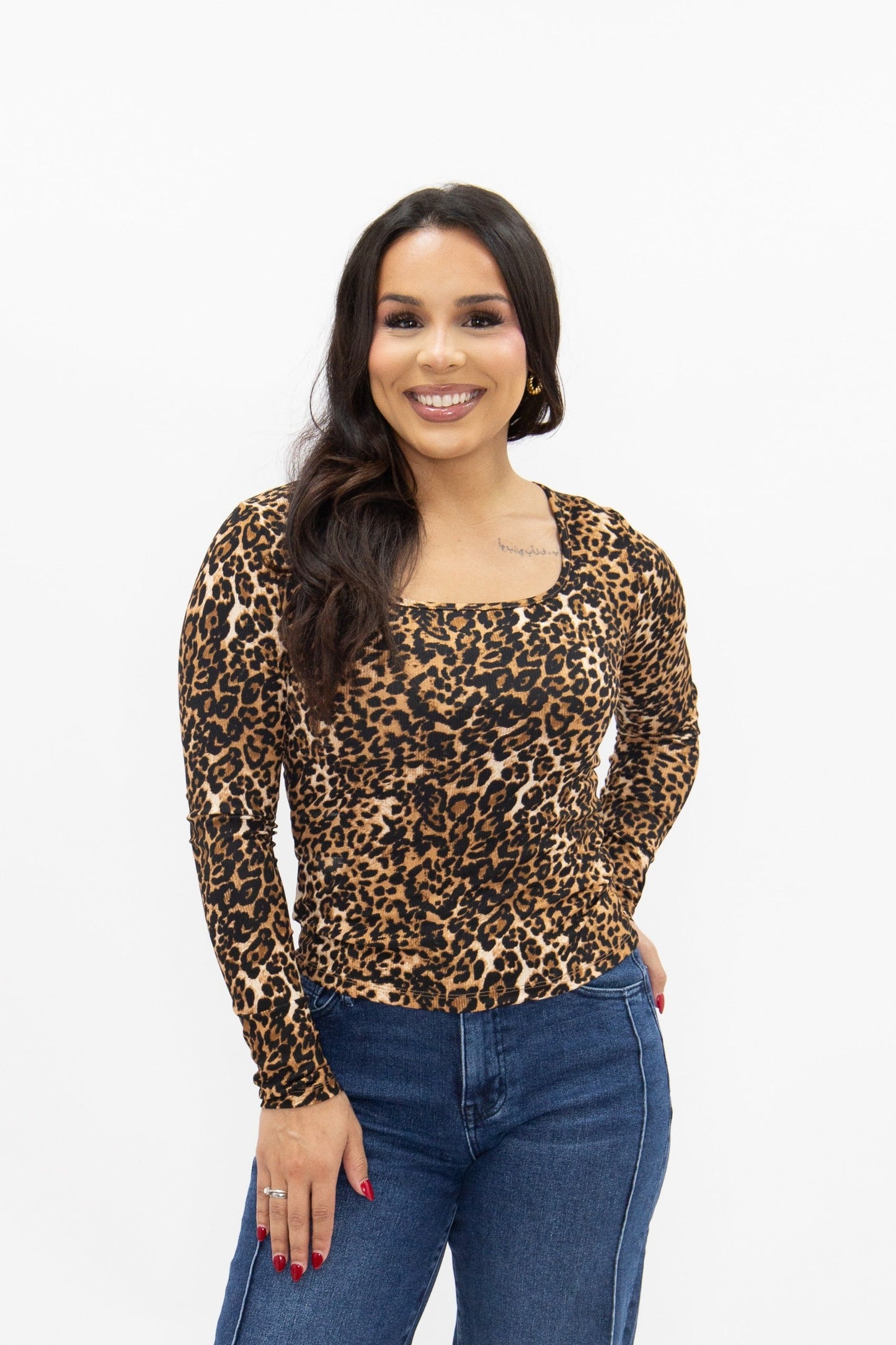 Square Neck Long Sleeve Top, Leopard