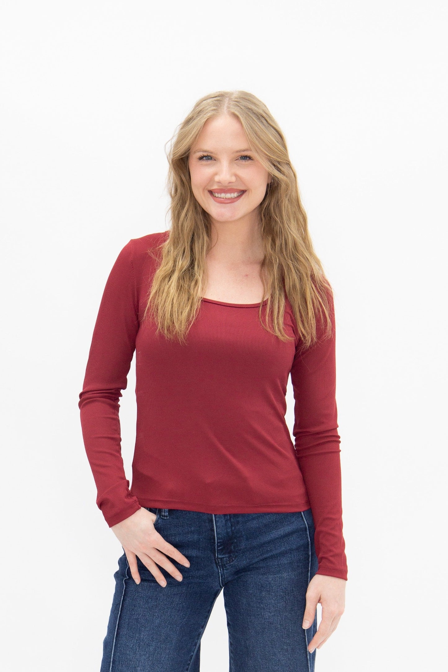 Square Neck Long Sleeve Top, Maroon