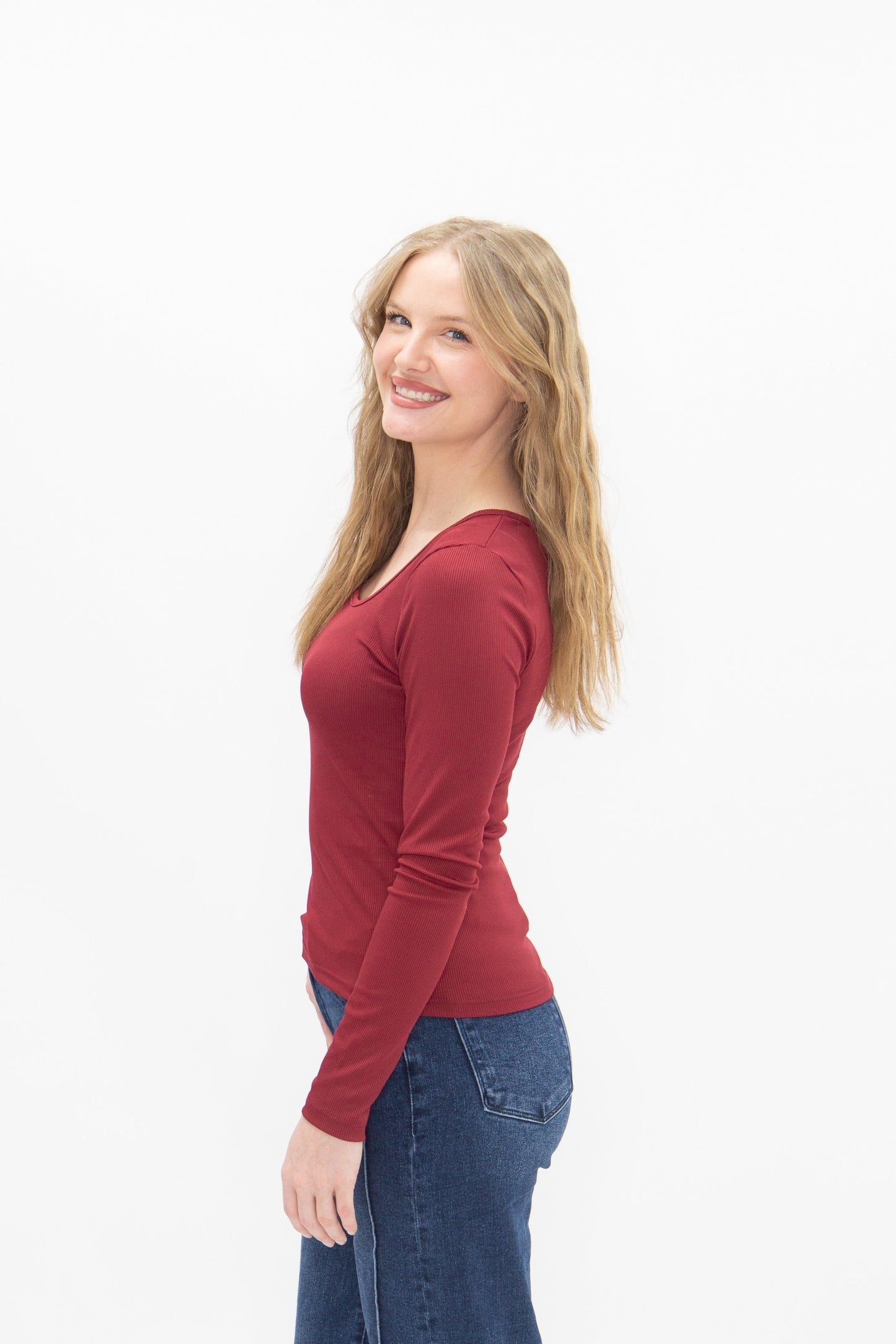 Square Neck Long Sleeve Top, Maroon