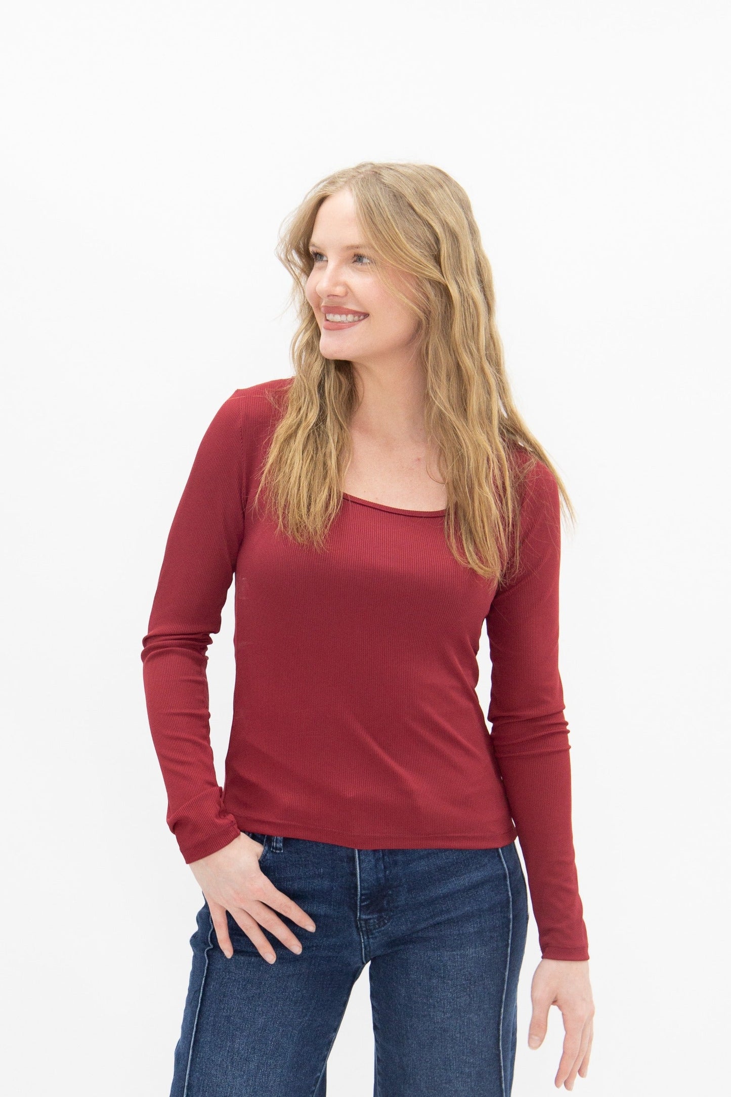 Square Neck Long Sleeve Top, Maroon
