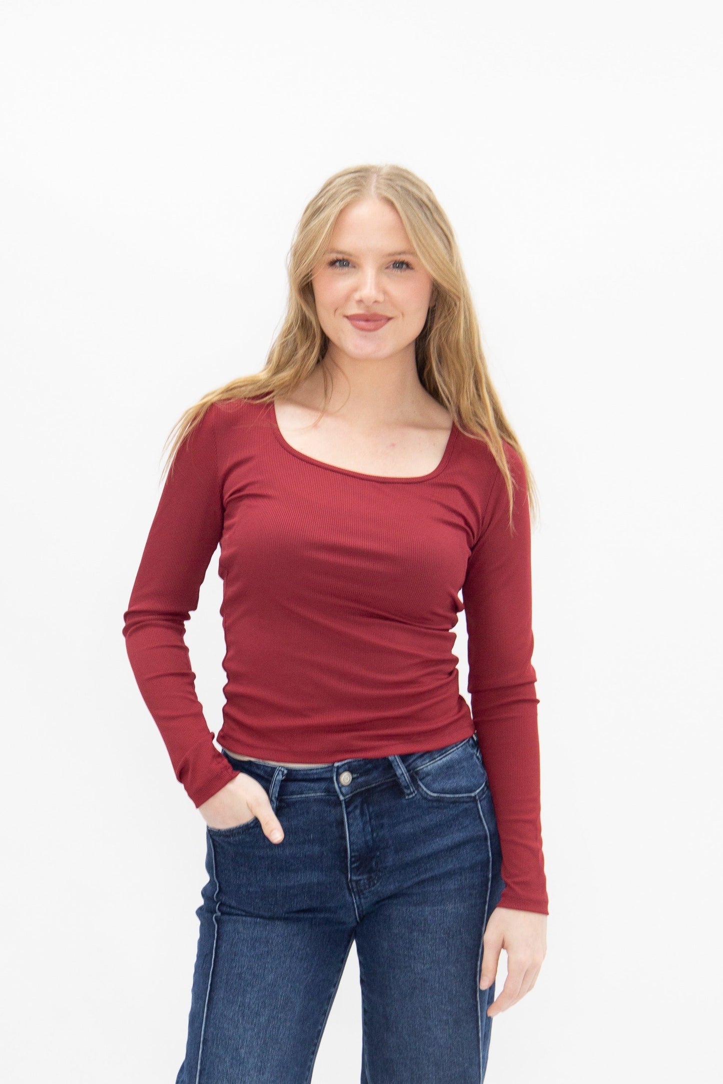 Square Neck Long Sleeve Top, Maroon