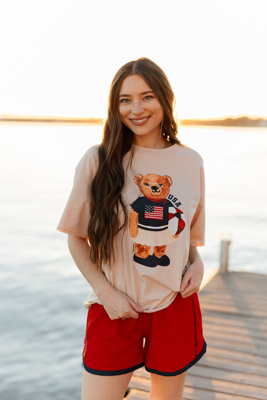 USA Teddy on Beige Boxy Tee