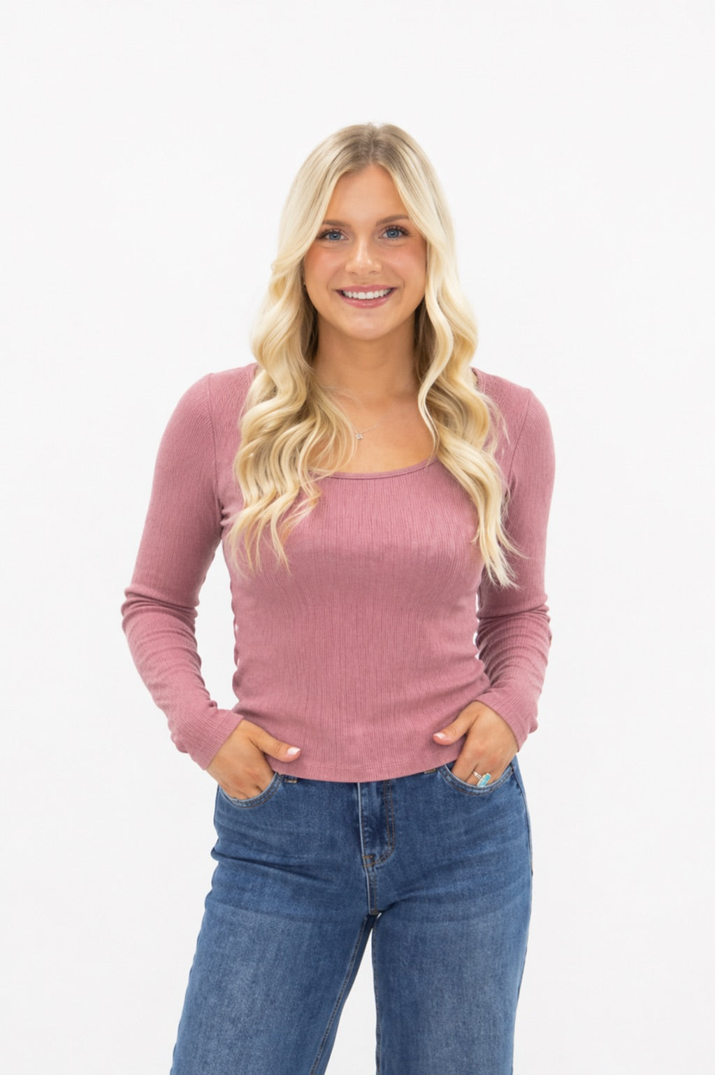 Square Neck Long Sleeve Top, Mauve