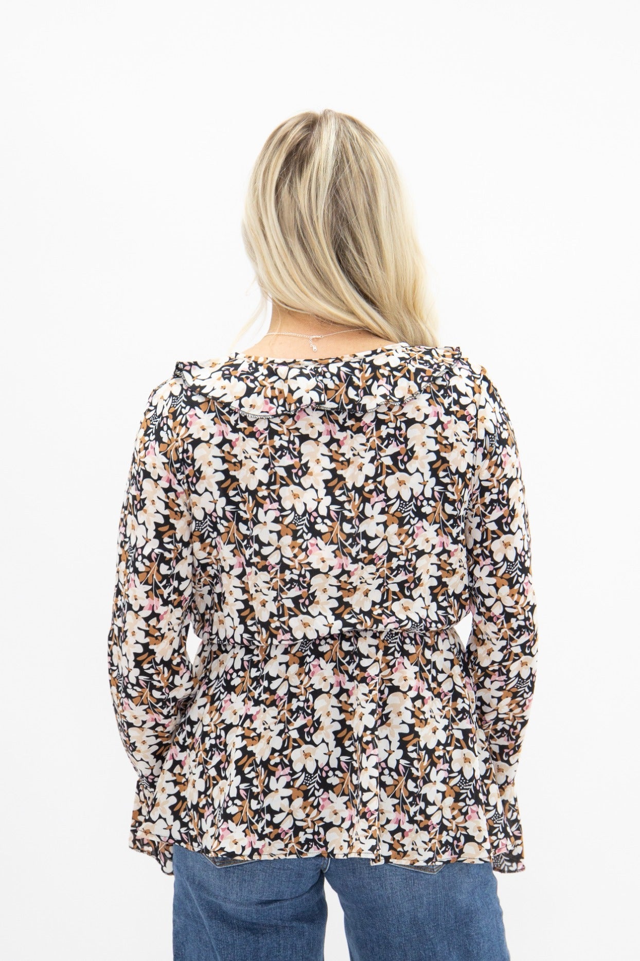 Peplum Blouse with Ruffle Detail, Black Floral