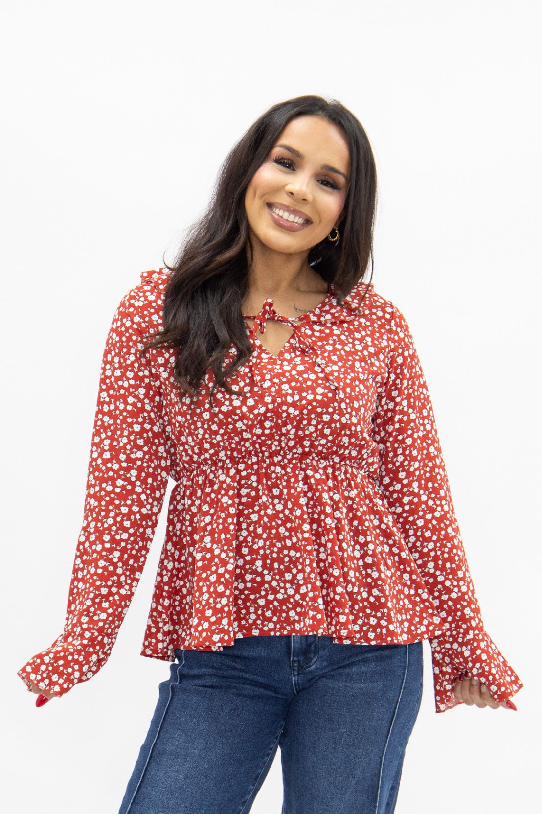 Peplum Blouse with Ruffle Detail, Red Floral