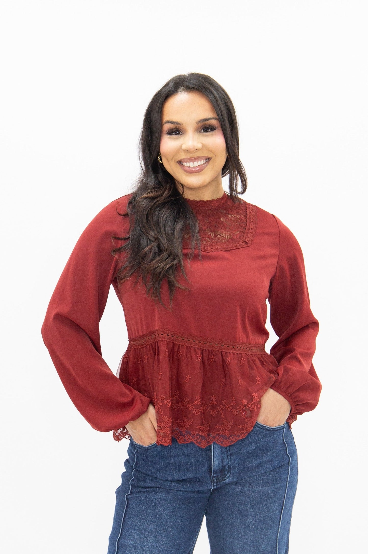 High Neck Blouse with Lace Peplum, Maroon