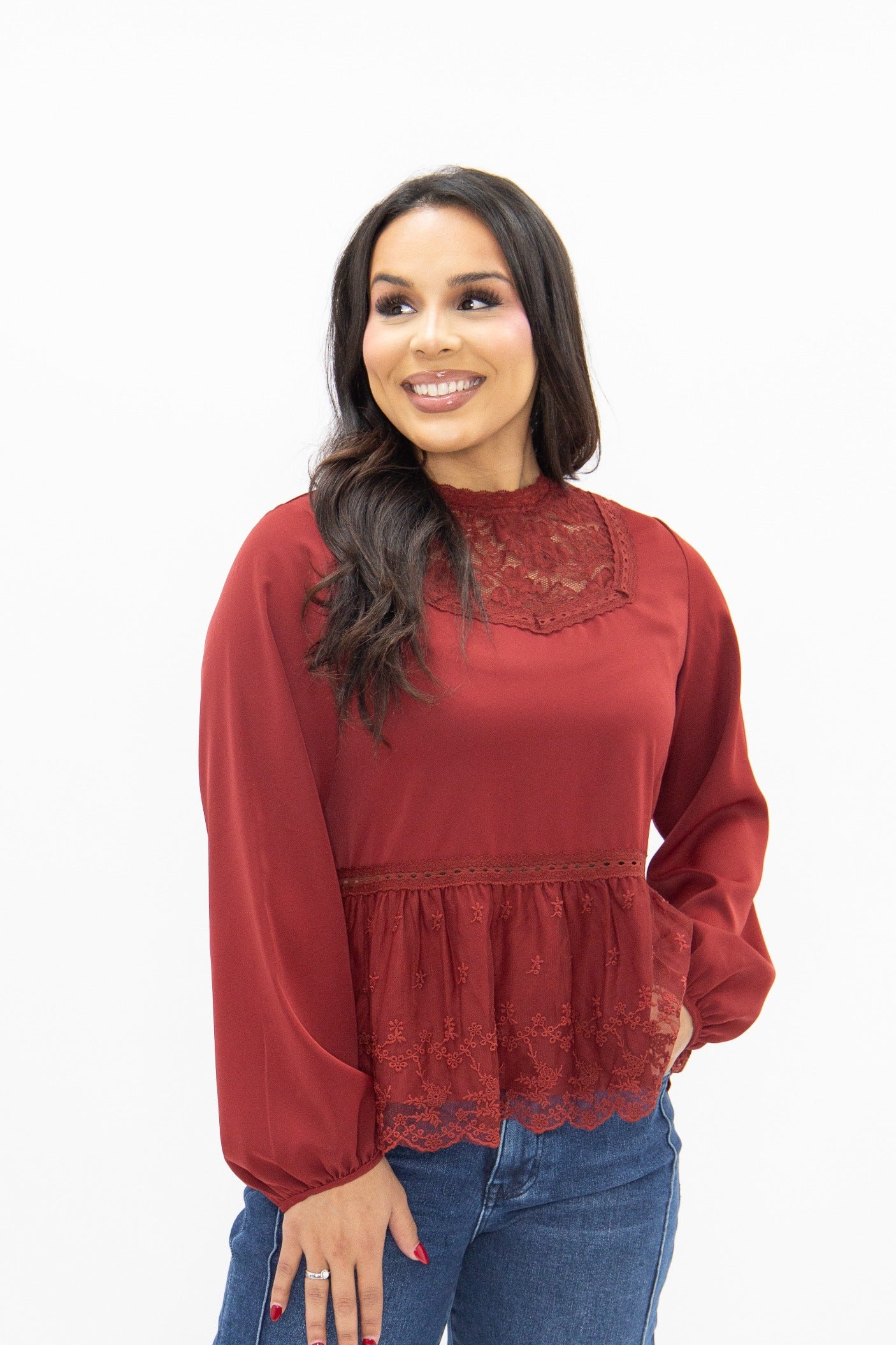 High Neck Blouse with Lace Peplum, Maroon