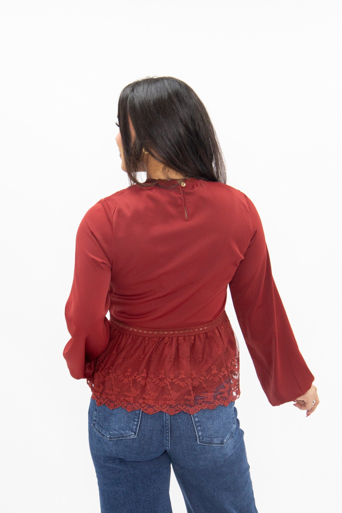 High Neck Blouse with Lace Peplum, Maroon