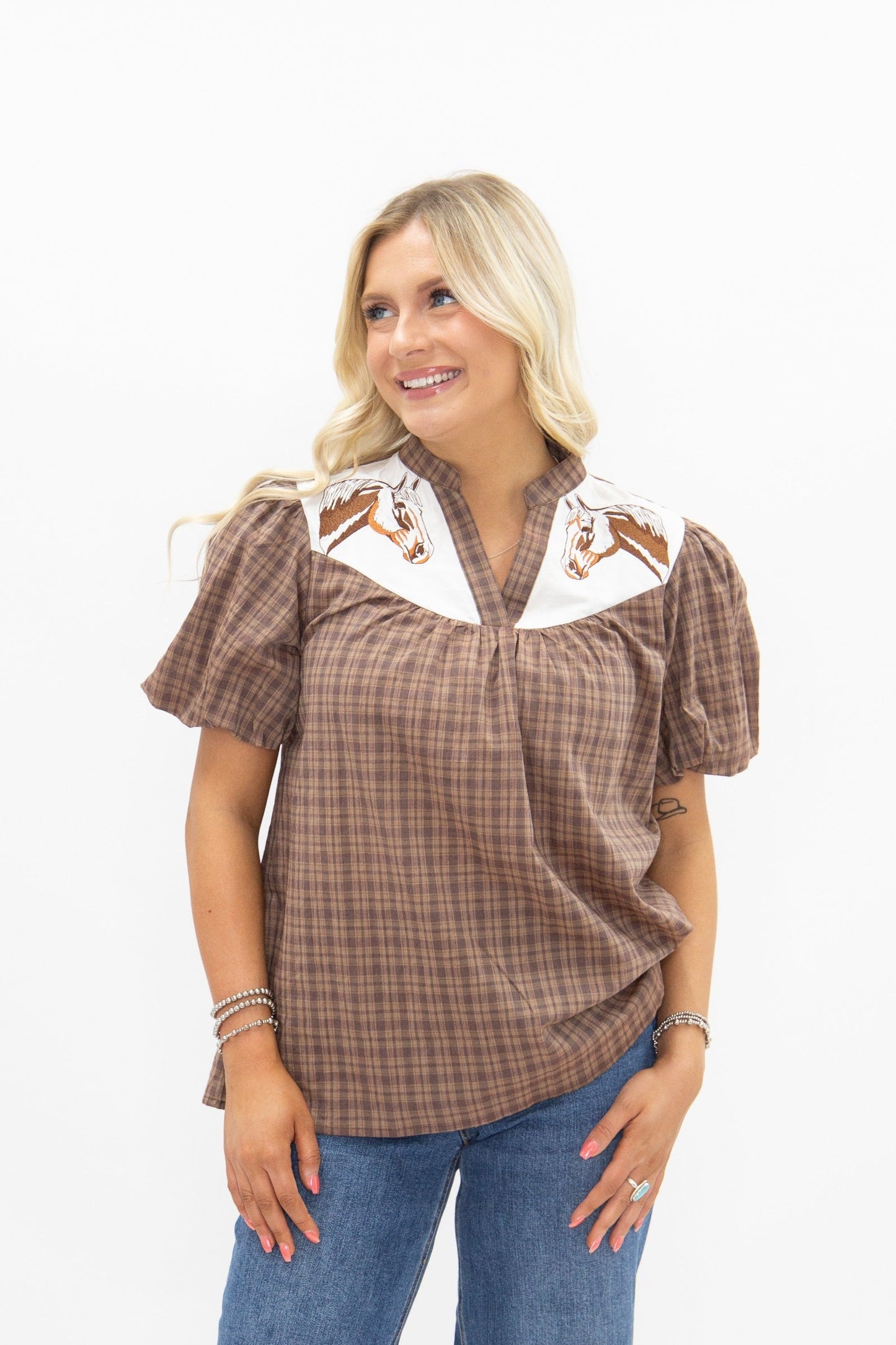 Western Yoke Collared Top with Embroidered Horses