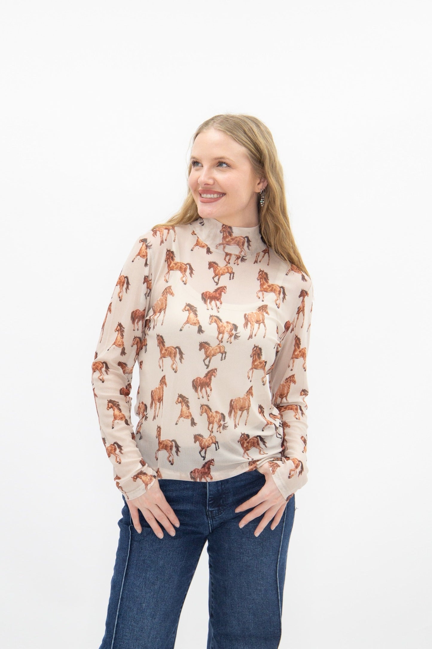 Mock Neck Mesh Top, Horse Print