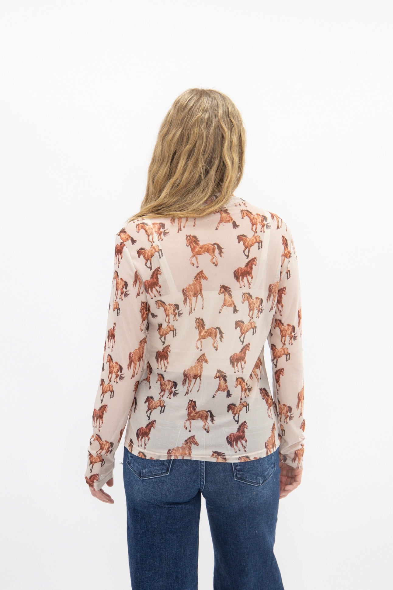 Mock Neck Mesh Top, Horse Print