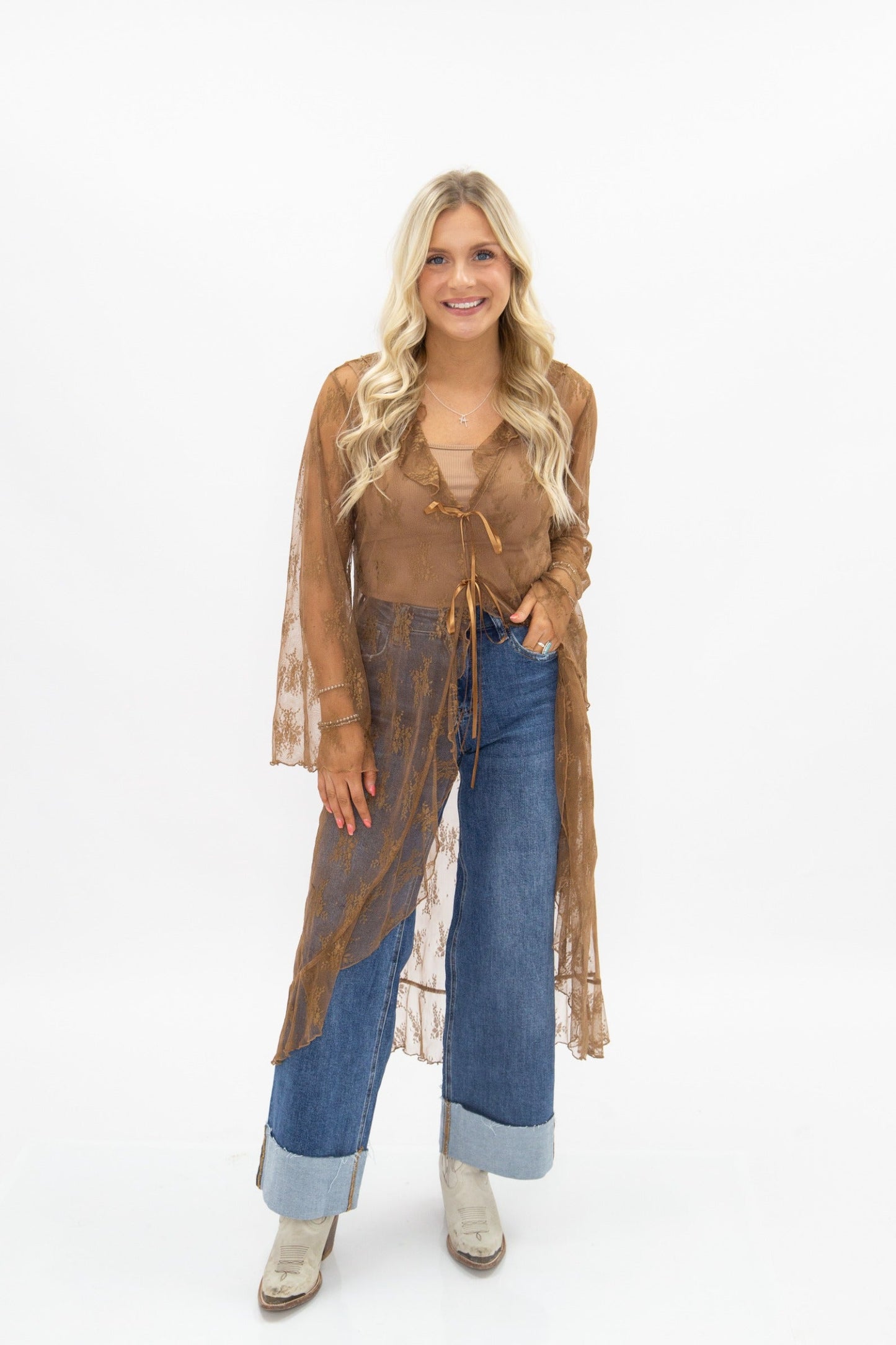 Lace Long Kimono, Brown