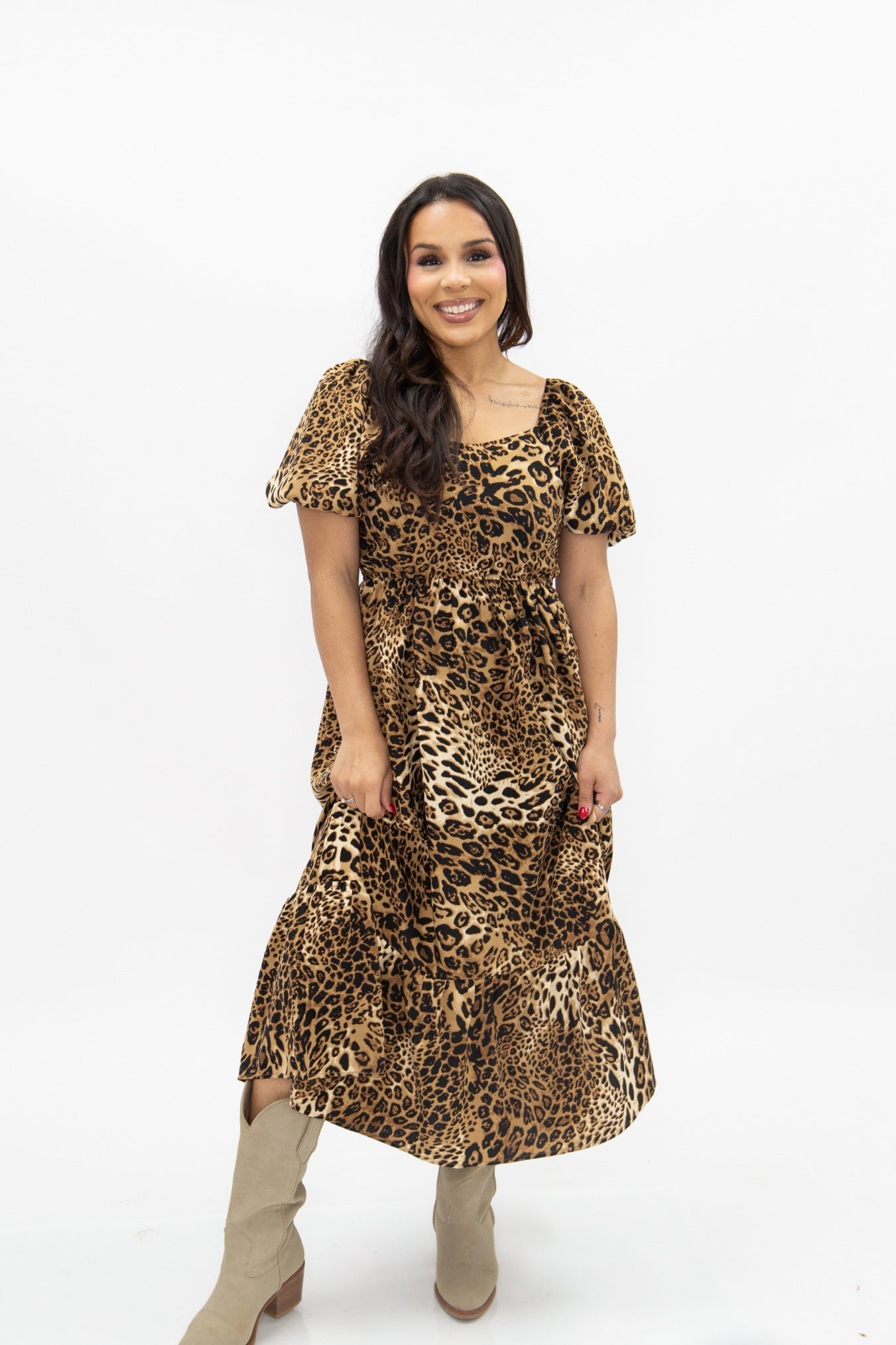 Puff Sleeve Midi Dress, Leopard