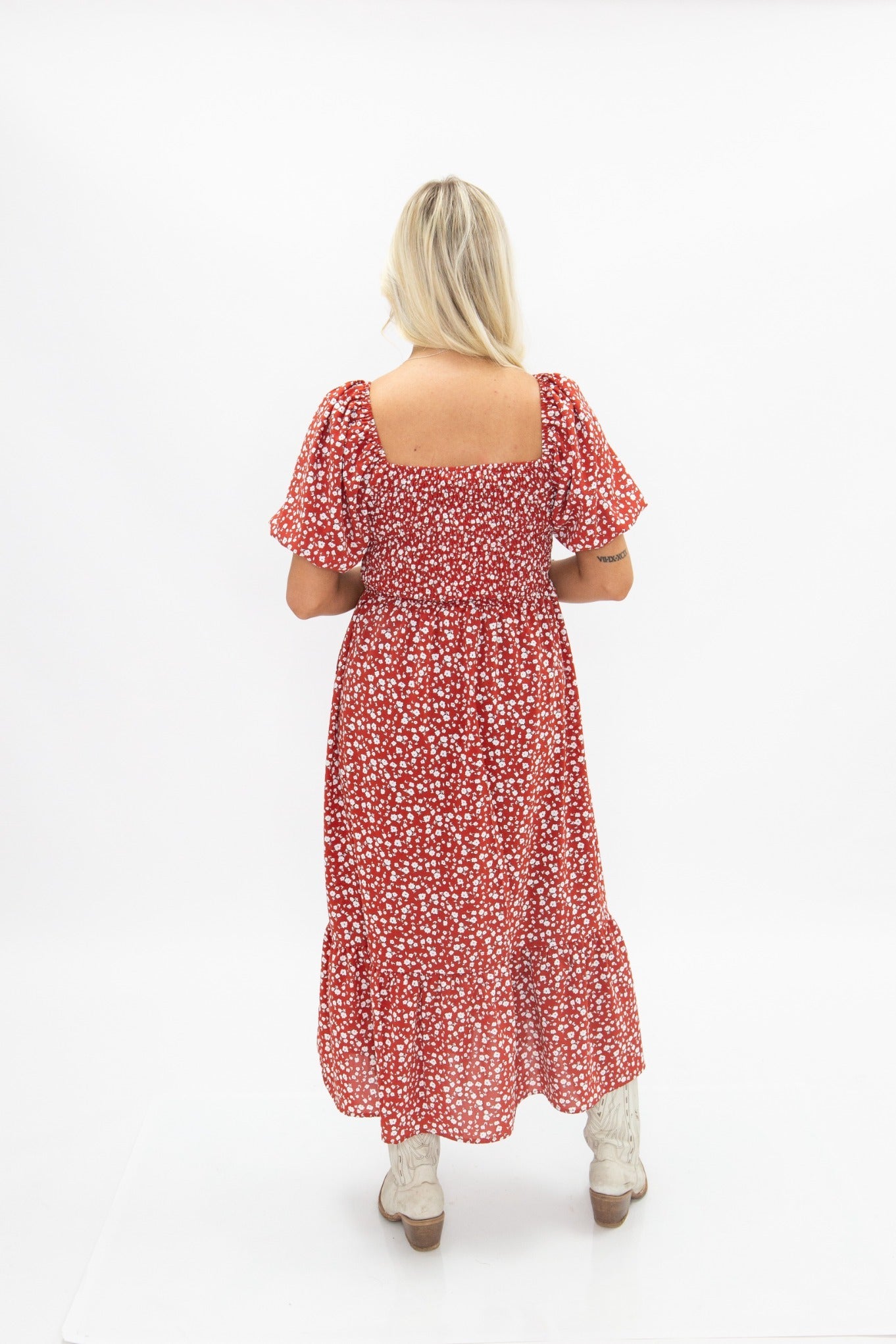 Puff Sleeve Midi Dress, Red Floral