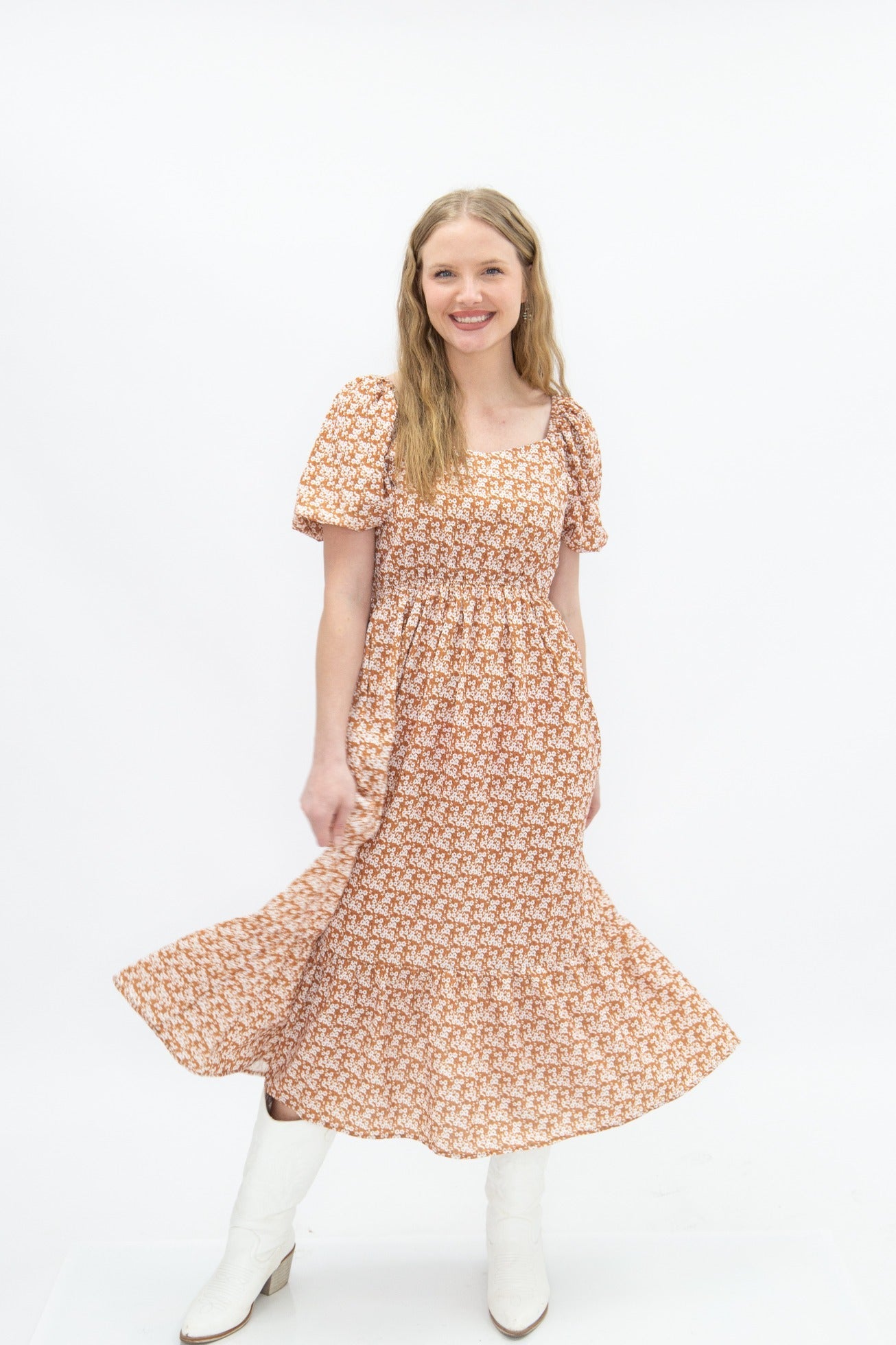 Puff Sleeve Midi Dress, Rust Floral
