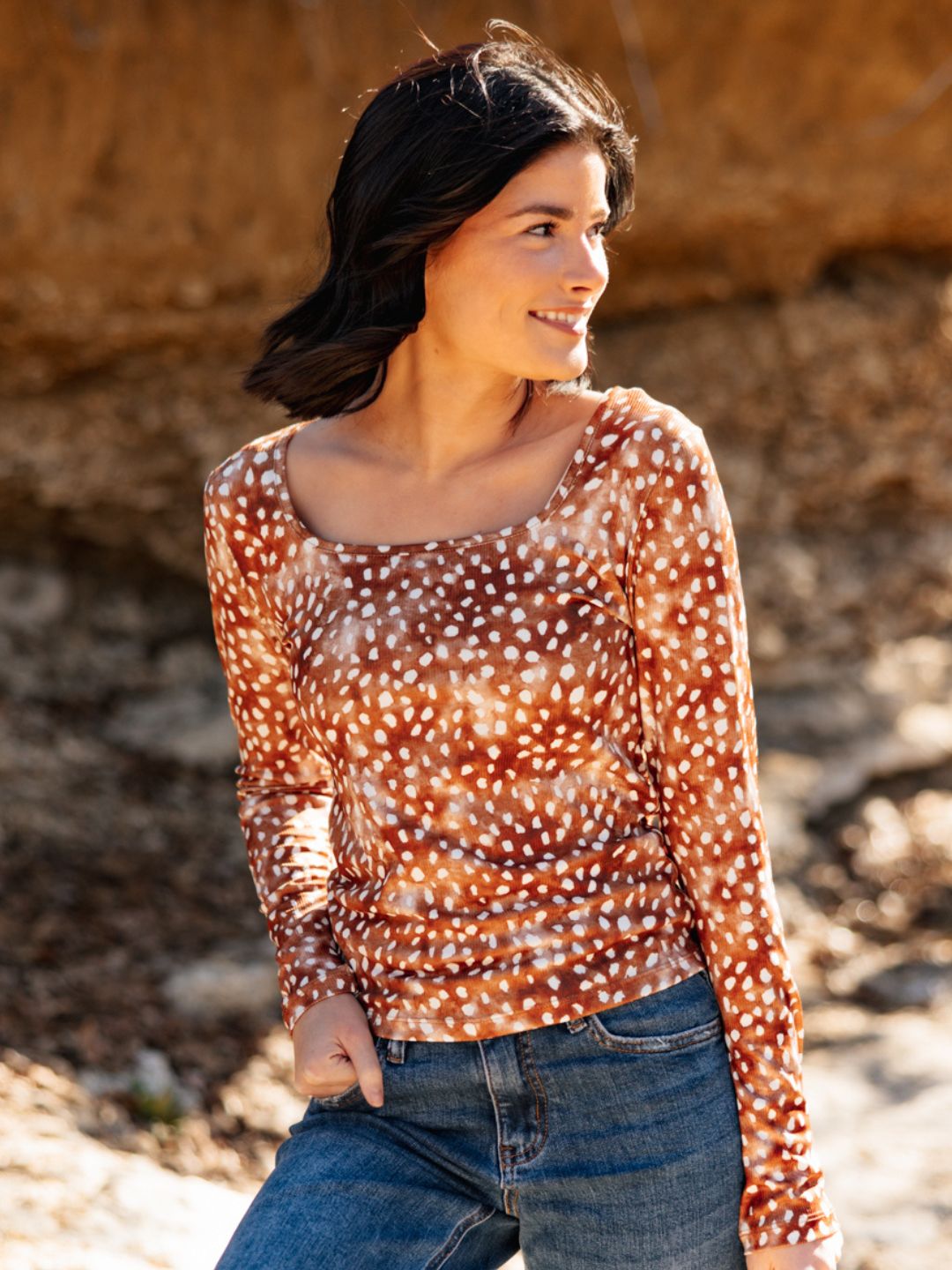 Square Neck Long Sleeve, Deer Print