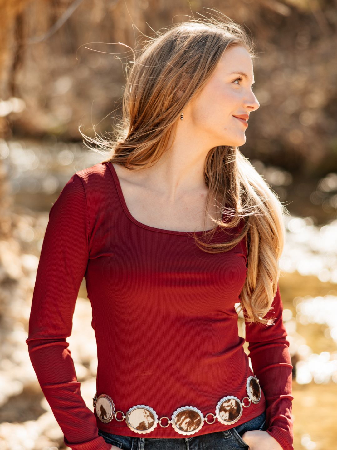 Square Neck Long Sleeve Top, Maroon