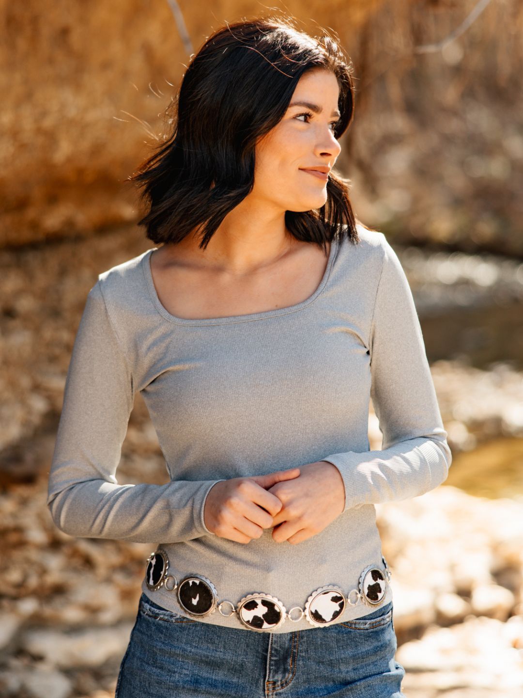 Square Neck Long Sleeve Top, Grey