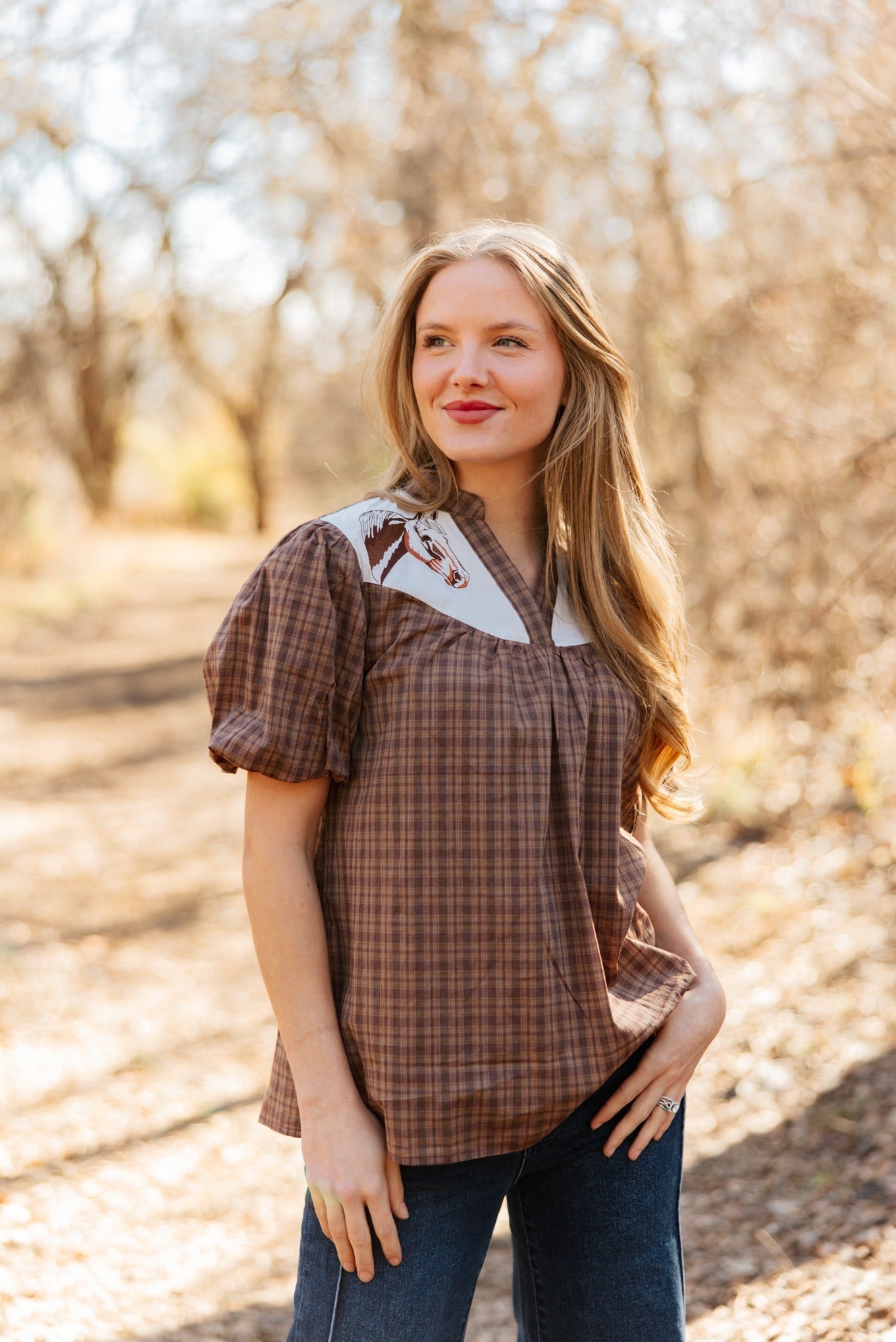 Western Yoke Collared Top with Embroidered Horses