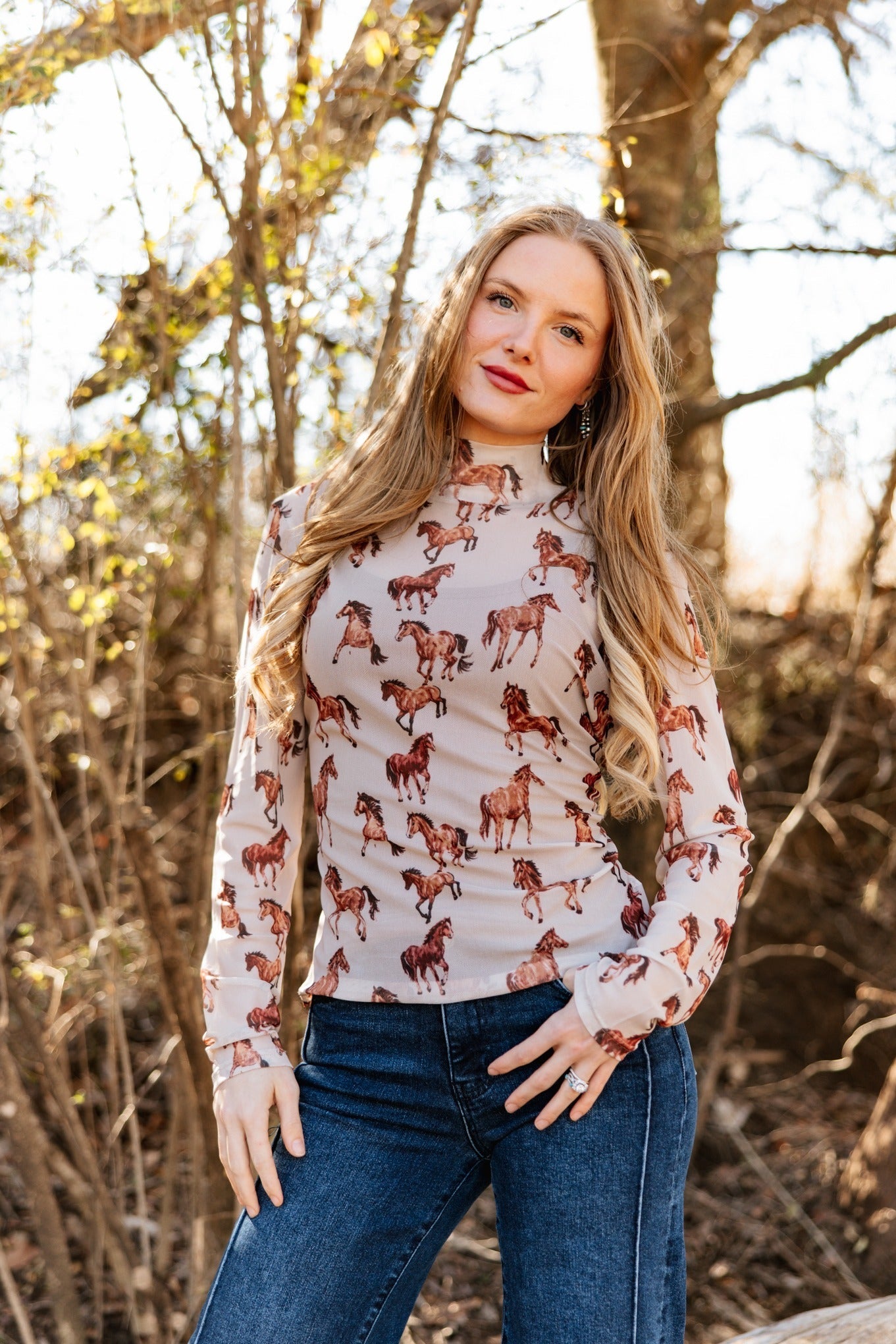 Mock Neck Mesh Top, Horse Print