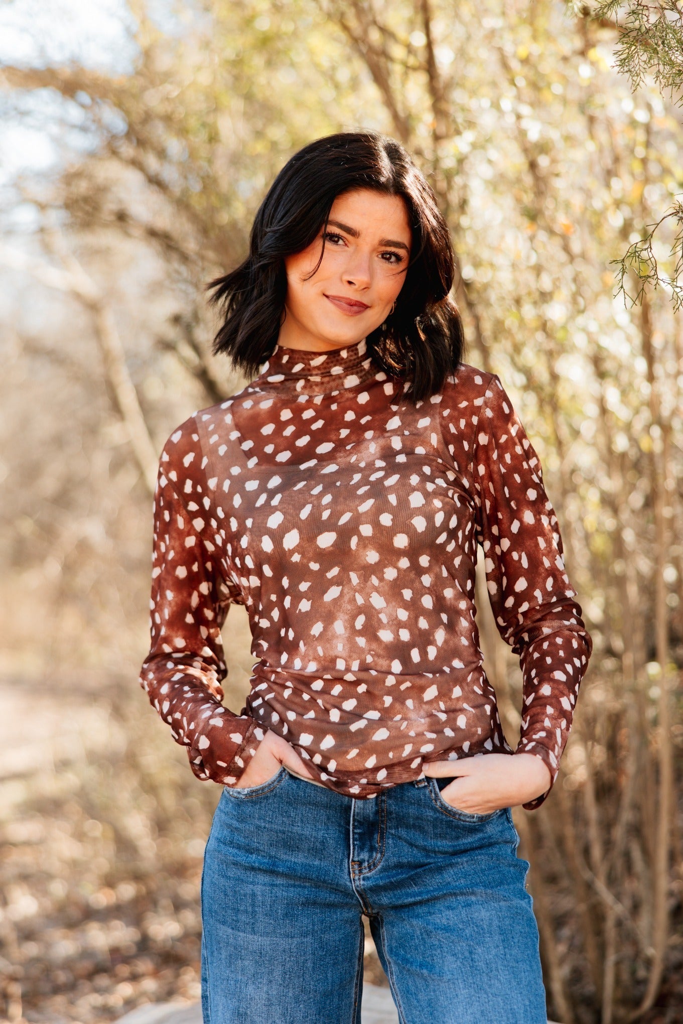 Mock Neck Mesh Top, Deer Print
