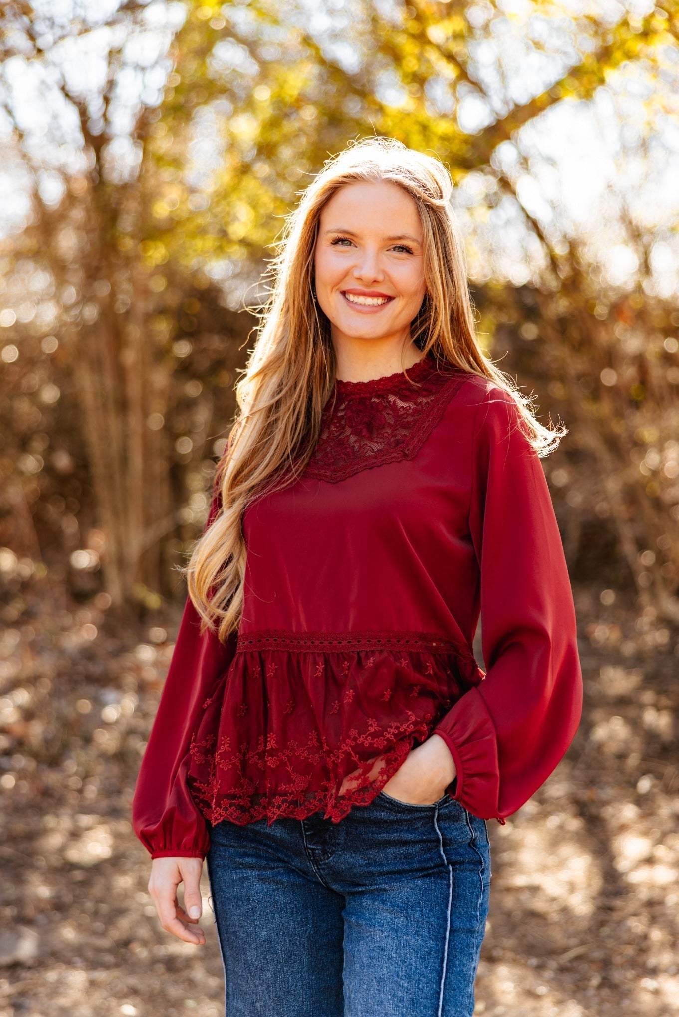 High Neck Blouse with Lace Peplum, Maroon