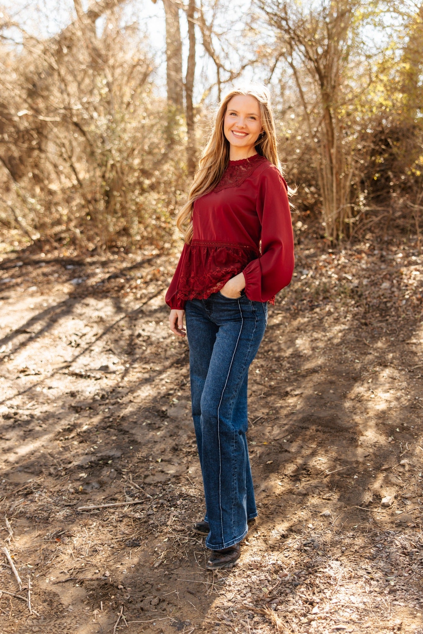 High Neck Blouse with Lace Peplum, Maroon