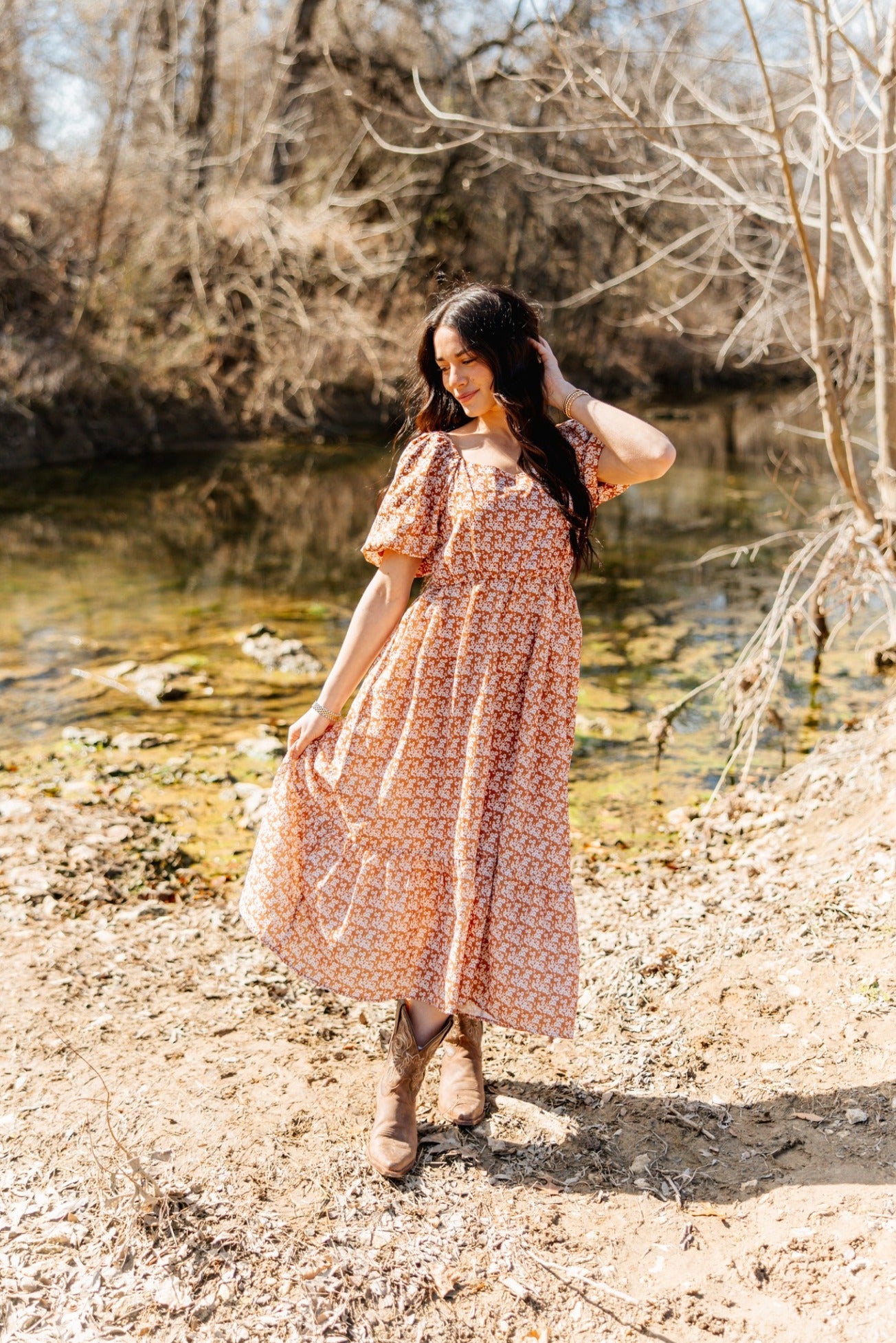 Puff Sleeve Midi Dress, Rust Floral