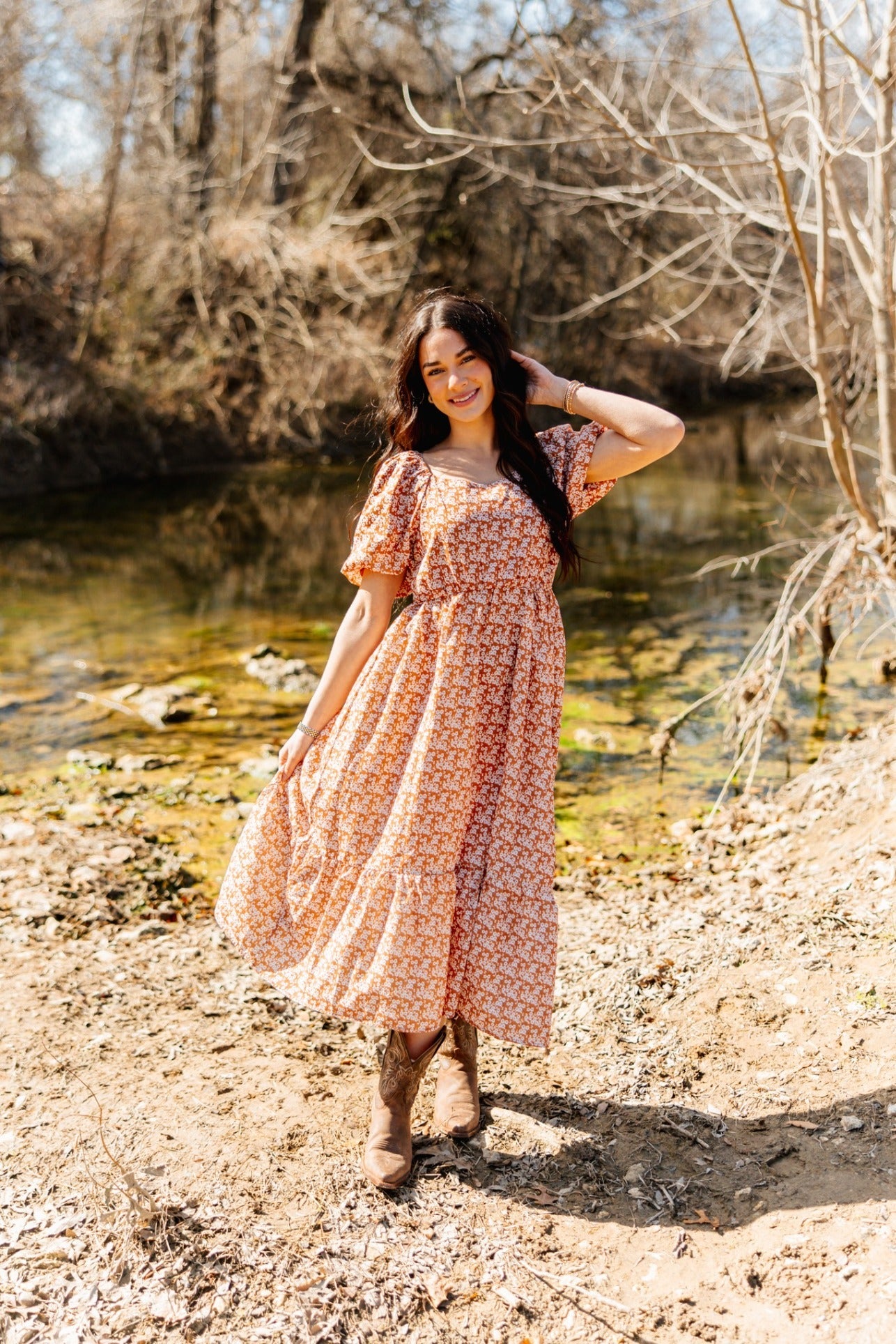 Puff Sleeve Midi Dress, Rust Floral