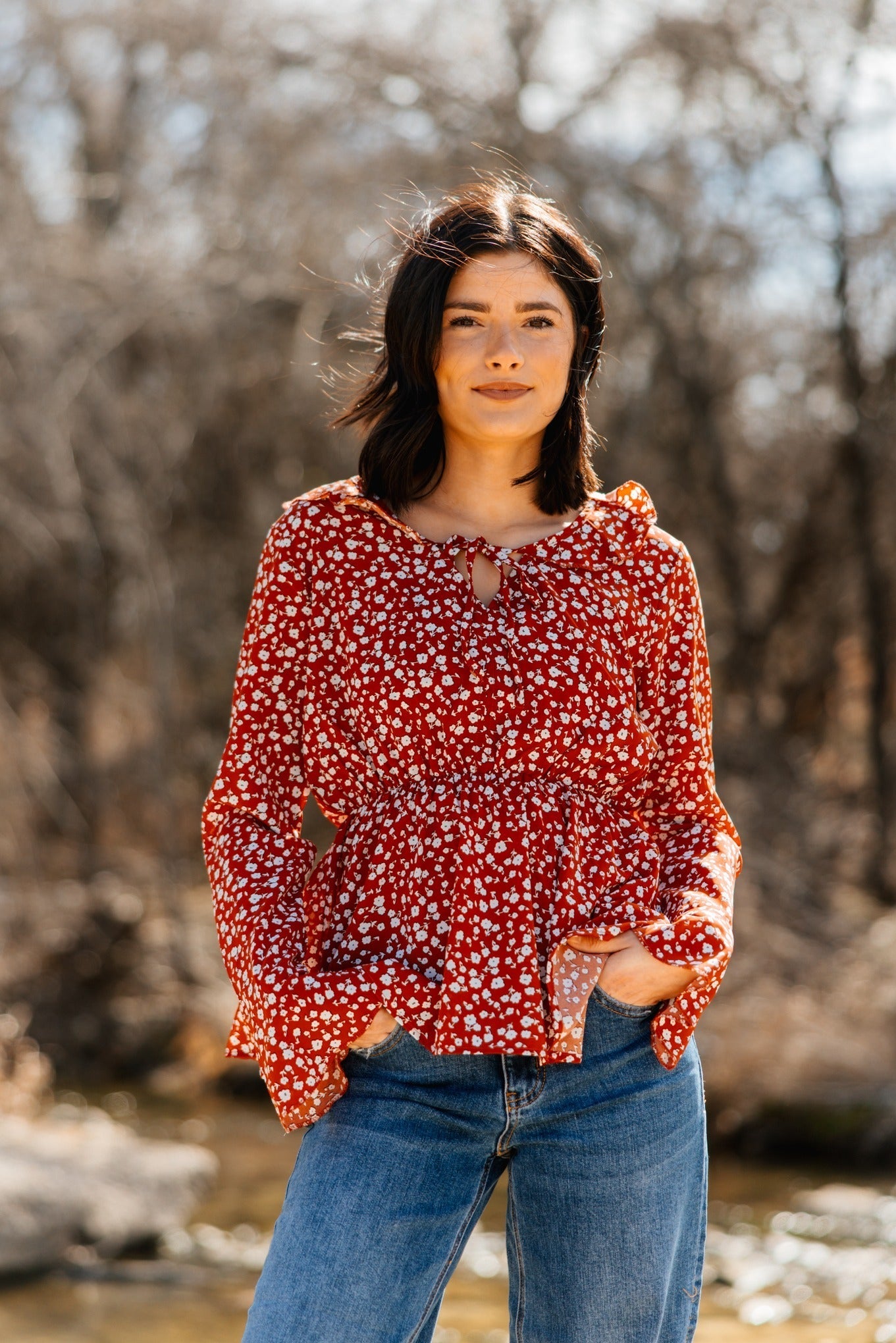Peplum Blouse with Ruffle Detail, Red Floral