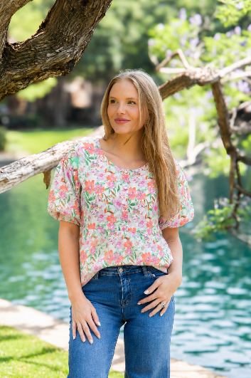 Puff Sleeve Blouse, Watercolor Flowers