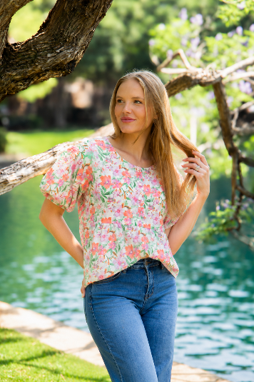 Puff Sleeve Blouse, Watercolor Flowers