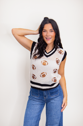Glitter Football Patches Knit White Vest