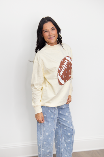 Football on Mock Neck Sweatshirt, Ivory