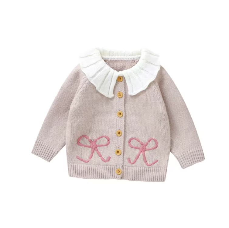 Collared Embroidered Bow Cardigan