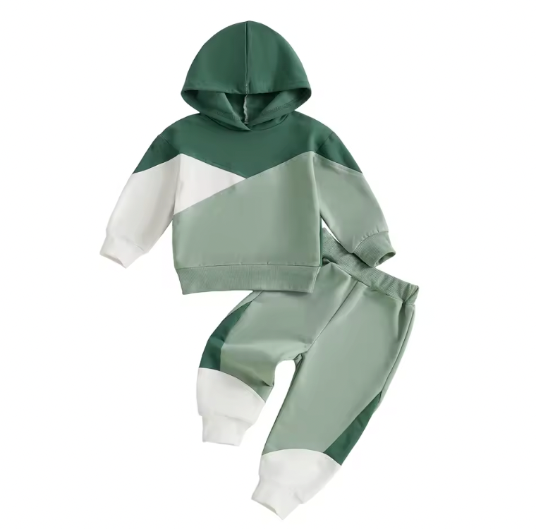 Green Colorblock Hooded Lounge Set