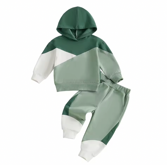 Green Colorblock Hooded Lounge Set
